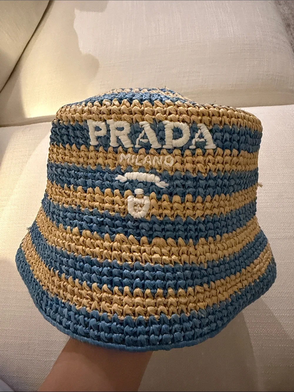 Prada Striped Straw Bucket Hat